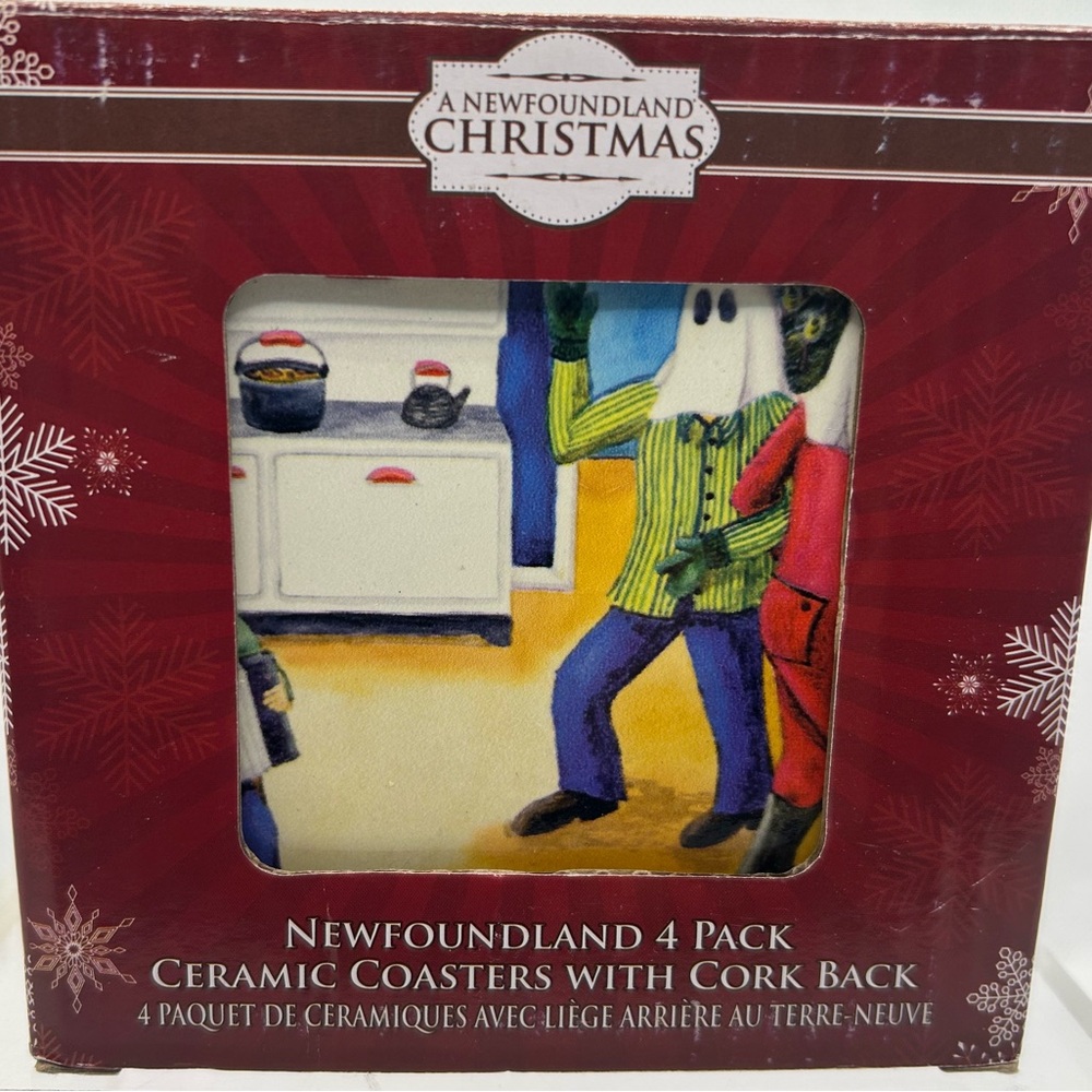 Newfoundland 4 Pack Ceramic Coasters with cork back featuring The Mummers, new.